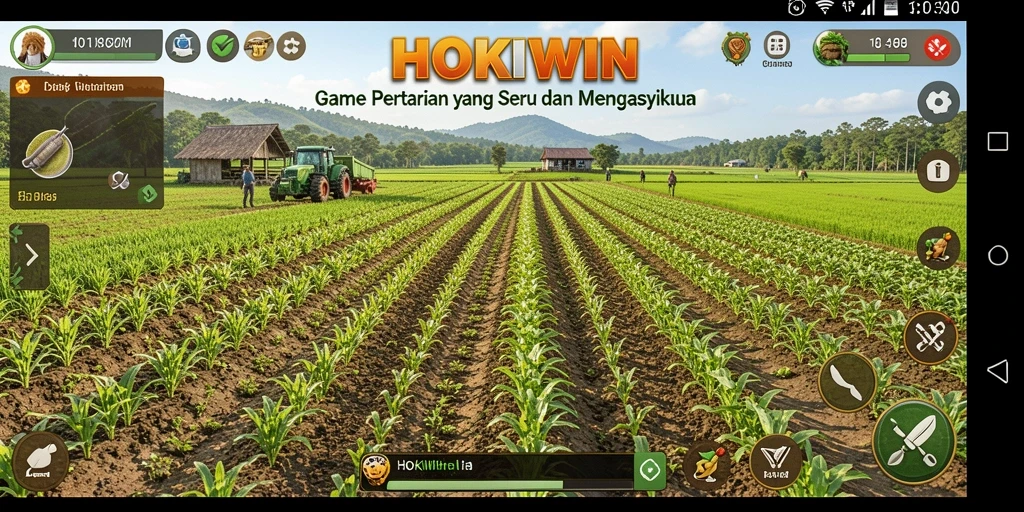 Tampilan gameplay HOKIWIN dengan ladang indah dan aktivitas bertani.