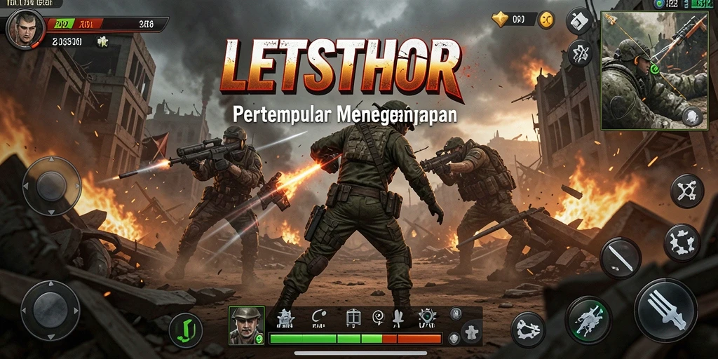 Screenshot gameplay LETSTHOR menampilkan serangan spektakuler dan pertarungan yang mendebarkan.