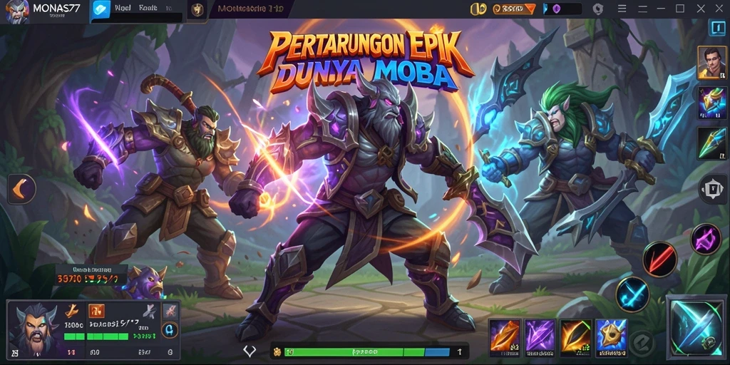 Tampilan gameplay MONAS77 yang mendebarkan dalam arena pertempuran MOBA.