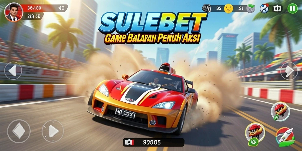 Screenshot gameplay SULEBET menampilkan suasana balapan yang intens dan kendaraan mendebarkan.