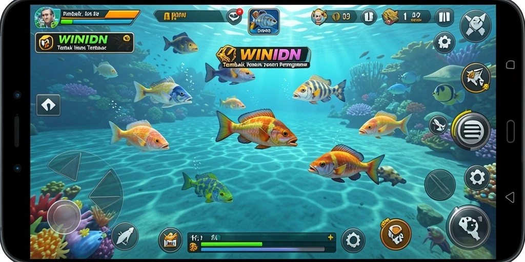 Menggambarkan gameplay seru dalam memancing ikan di WINIDN.